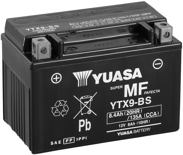 motobaterie 12V, YTX9, 8,4Ah, 135A, bezúdržbová MF AGM 152x87x107, YUASA originál (aktivovaná ve výrobě)