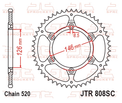 Řetězová rozeta JT JTR 808-51SC 51 zubů, 520 Samočistící, Nízká hmotnost - Obrázek 3