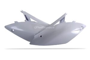 Boční číslové tabulky POLISPORT 8604800001 (pár) bílá pro KAWASAKI KX 250 (F) 4T 2009-2012, KAWASAKI KX 450 (F) 2009-2011