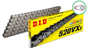 Řetězová sada D.I.D Chain - stříbrný řetěz 520 VX, X-kroužek, kolečko JT pogumované, hliníková rozeta JT pro QJMOTOR SRK 700 2022-2026