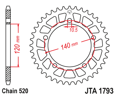 Hliníková řetězová rozeta JT JTA 1793-44BLK 44 zubů, 520 černá - Obrázek 2