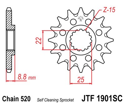 Řetězové kolečko JT JTF 1901-15SC 15 zubů, 520 Samočistící, Nízká hmotnost - Obrázek 2